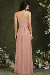 Vestido de dama de honor elegante con tirantes finos, corte halter, largo hasta el suelo, abertura y bolsillos